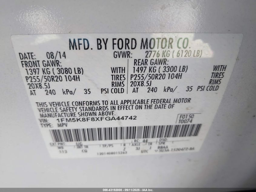 2015 Ford Explorer Limited VIN: 1FM5K8F8XFGA44742 Lot: 43192008