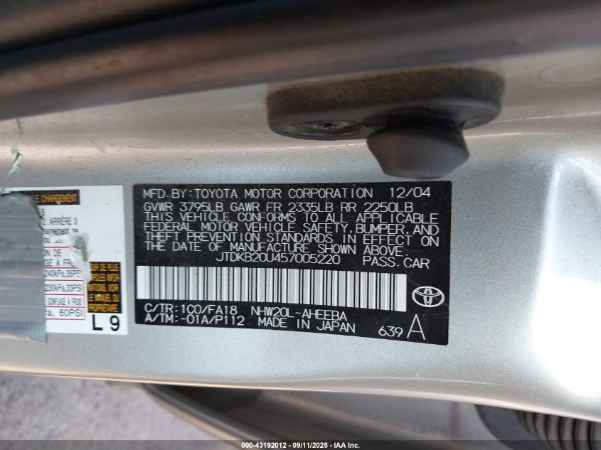 2005 Toyota Prius VIN: JTDKB20U457005220 Lot: 43192012