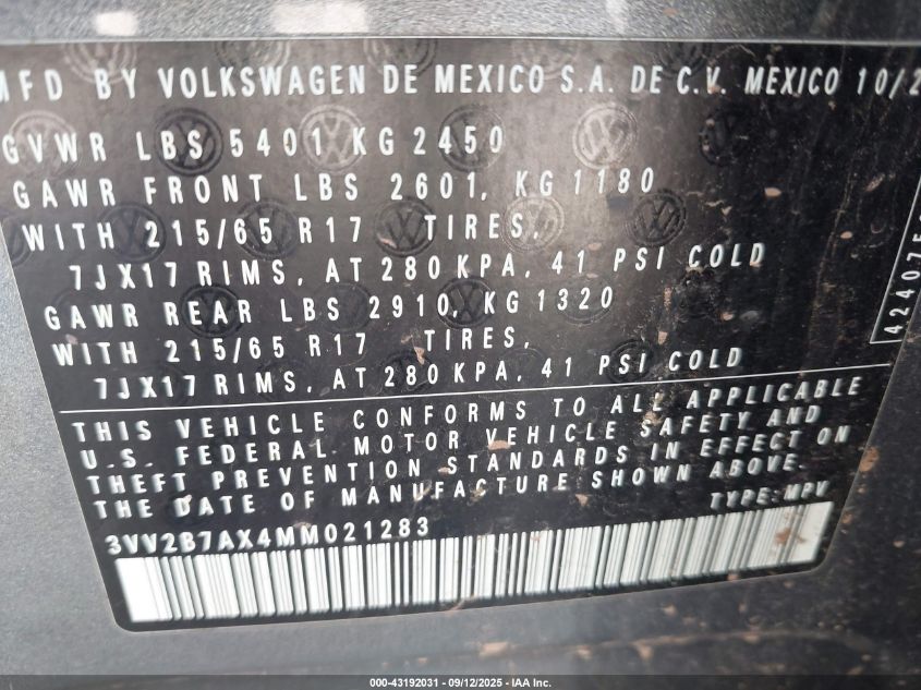 2021 Volkswagen Tiguan 2.0T Se/2.0T Se R-Line Black/2.0T Sel VIN: 3VV2B7AX4MM021283 Lot: 43192031