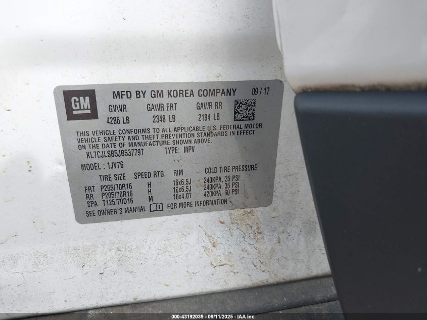 2018 Chevrolet Trax Lt VIN: KL7CJLSB5JB537797 Lot: 43192039