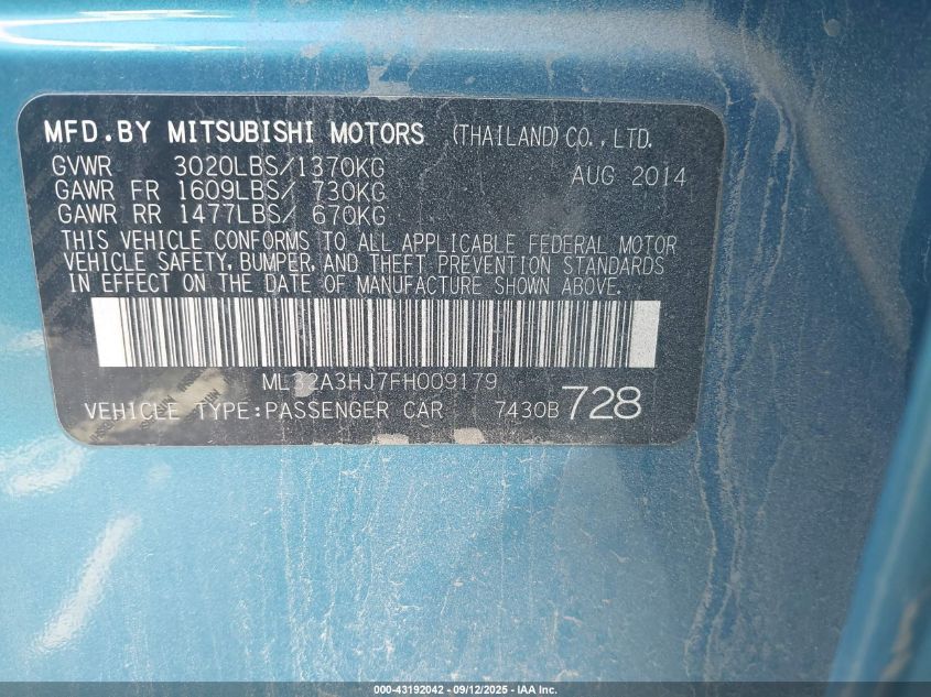 2015 Mitsubishi Mirage De VIN: ML32A3HJ7FH009179 Lot: 43192042