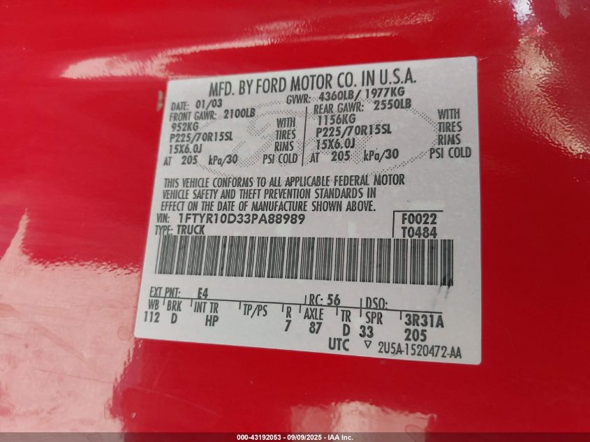 2003 Ford Ranger Xl/Xlt VIN: 1FTYR10D33PA88989 Lot: 43192053