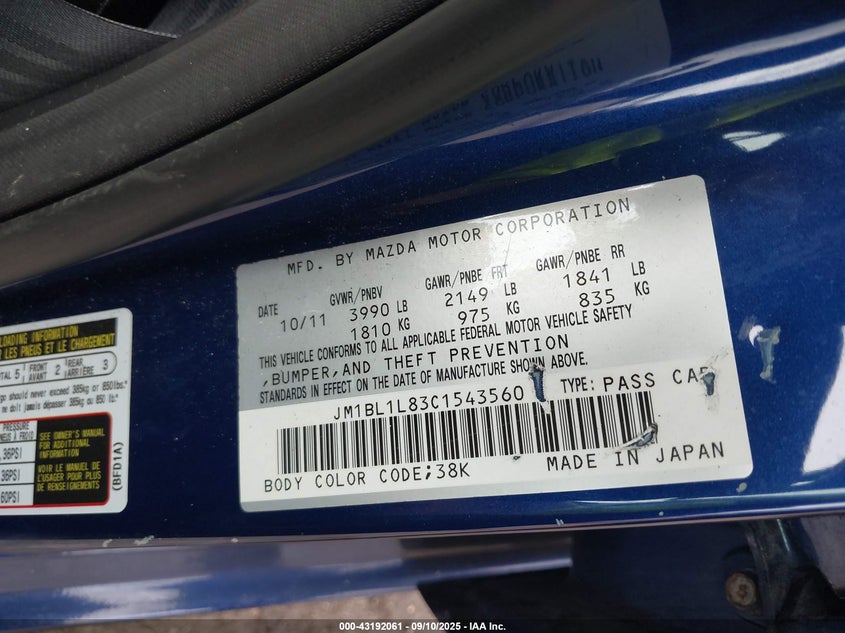 2012 Mazda Mazda3 I Touring VIN: JM1BL1L83C1543560 Lot: 43192061