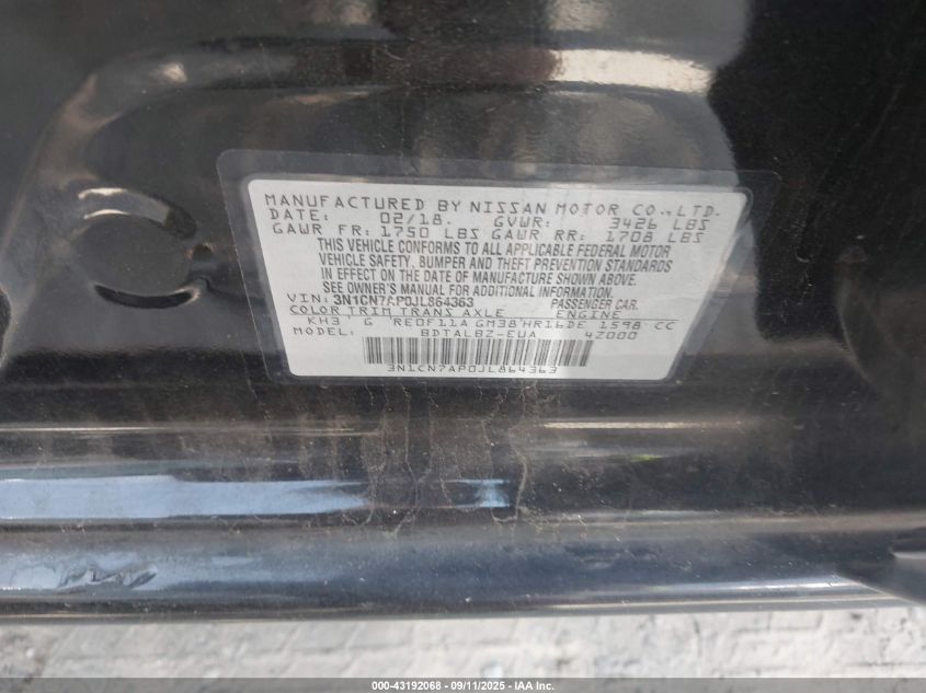 2018 Nissan Versa 1.6 Sv VIN: 3N1CN7AP0JL864363 Lot: 43192068