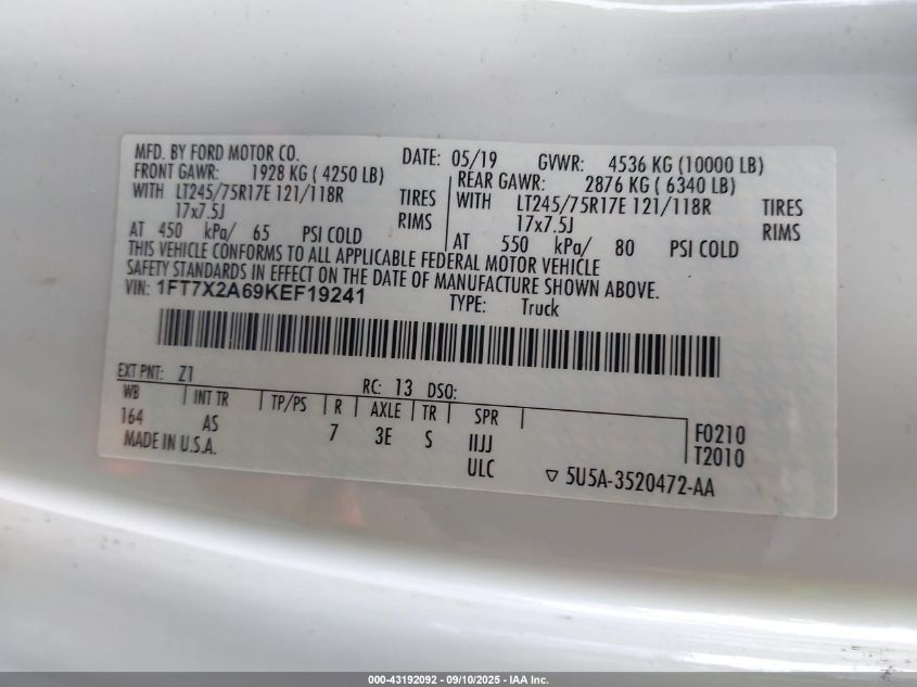 2019 Ford F-250 Xl VIN: 1FT7X2A69KEF19241 Lot: 43192092