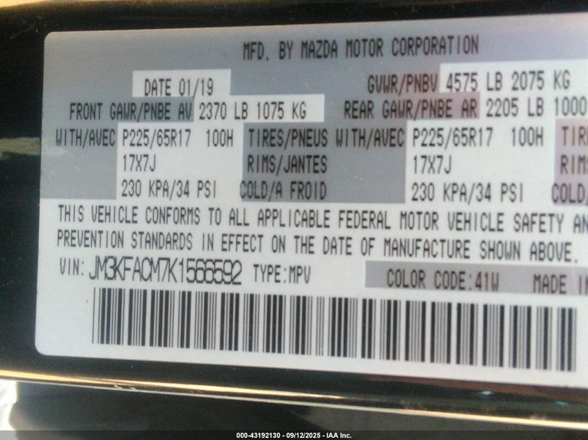 2019 Mazda Cx-5 Touring VIN: JM3KFACM7K1566592 Lot: 43192130