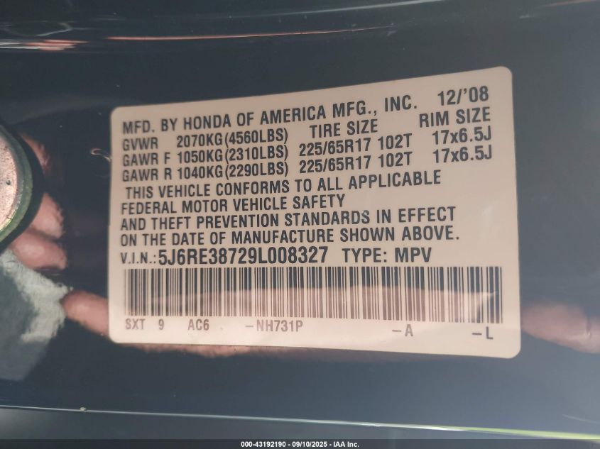2009 Honda Cr-V Ex-L VIN: 5J6RE38729L008327 Lot: 43192190
