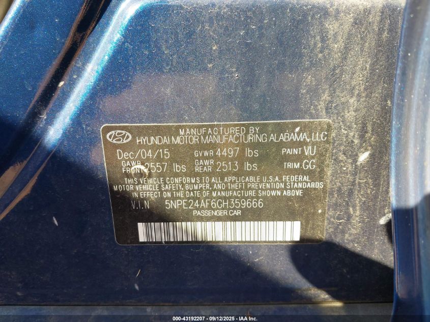 2016 Hyundai Sonata Se VIN: 5NPE24AF6GH359666 Lot: 43192207