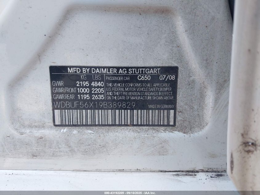 2009 Mercedes-Benz E 350 VIN: WDBUF56X19B389829 Lot: 43192209