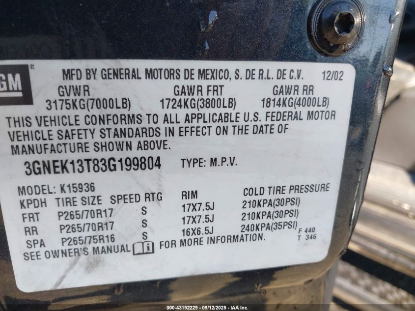 2003 Chevrolet Avalanche 1500 VIN: 3GNEK13T83G199804 Lot: 43192229