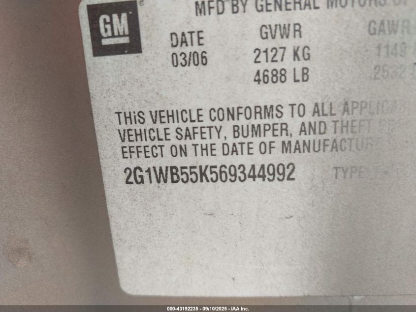 2006 Chevrolet Impala Ls VIN: 2G1WB55K569344992 Lot: 43192235