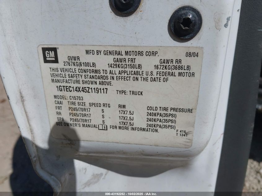 2005 GMC Sierra 1500 Work Truck VIN: 1GTEC14X45Z119117 Lot: 43192252