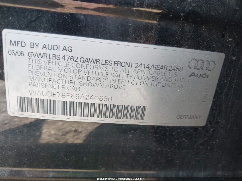 2006 Audi A4 2.0T VIN: WAUDF78E66A240680 Lot: 43192255