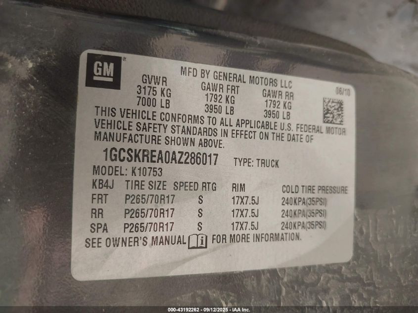 2010 Chevrolet Silverado 1500 Ls VIN: 1GCSKREA0AZ286017 Lot: 43192262