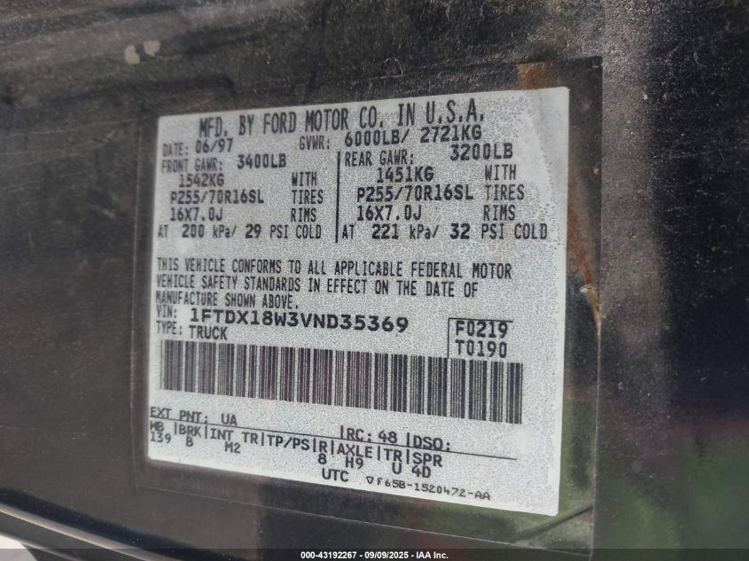 1997 Ford F-150 Lariat/Xl/Xlt VIN: 1FTDX18W3VND35369 Lot: 43192267