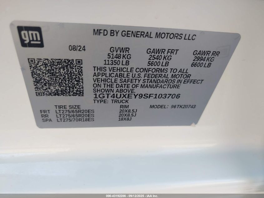 2025 GMC Sierra 2500Hd 4Wd Standard Bed Denali Ultimate VIN: 1GT4UXEY9SF103706 Lot: 43192286