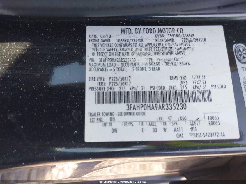 2010 Ford Fusion Se VIN: 3FAHP0HA9AR335230 Lot: 43192288