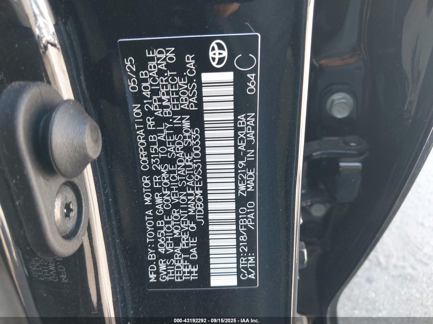 VIN JTDBCMFE9S3100335 2025 TOYOTA COROLLA HYBRID LE