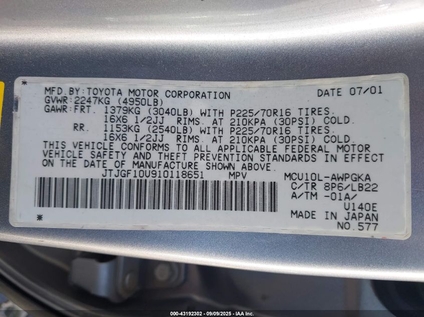 2001 Lexus Rx 300 VIN: JTJGF10U910118651 Lot: 43192302