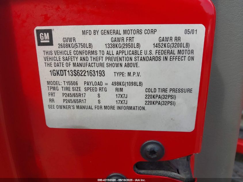 2002 GMC Envoy Sle VIN: 1GKDT13S622163193 Lot: 43192320