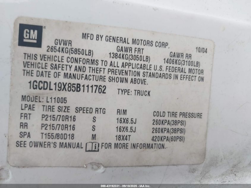 2005 Chevrolet Astro VIN: 1GCDL19X85B111762 Lot: 43192331