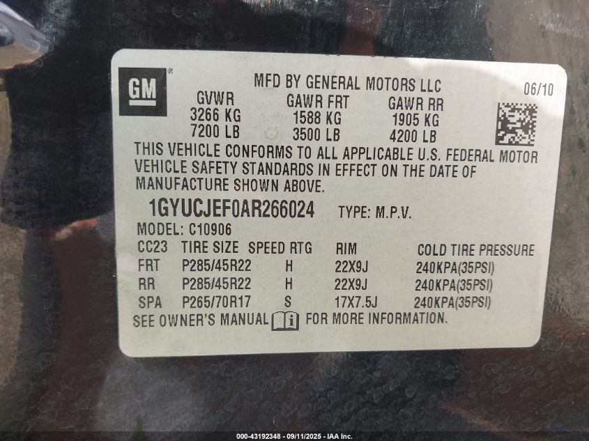 2010 Cadillac Escalade Esv Premium VIN: 1GYUCJEF0AR266024 Lot: 43192348