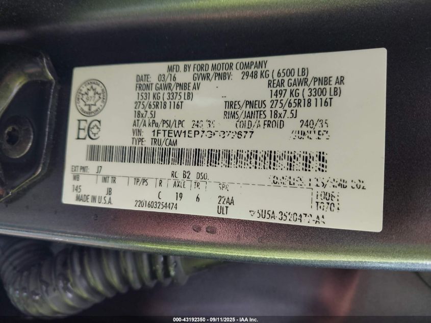 2016 Ford F-150 Xlt VIN: 1FTEW1EP7GFB72677 Lot: 43192350