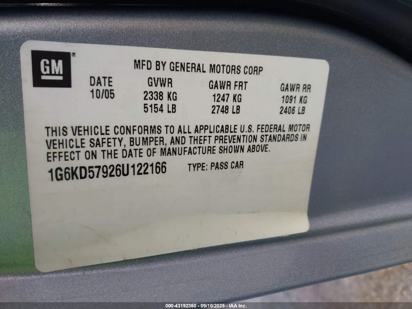 2006 Cadillac Dts Performance VIN: 1G6KD57926U122166 Lot: 43192360