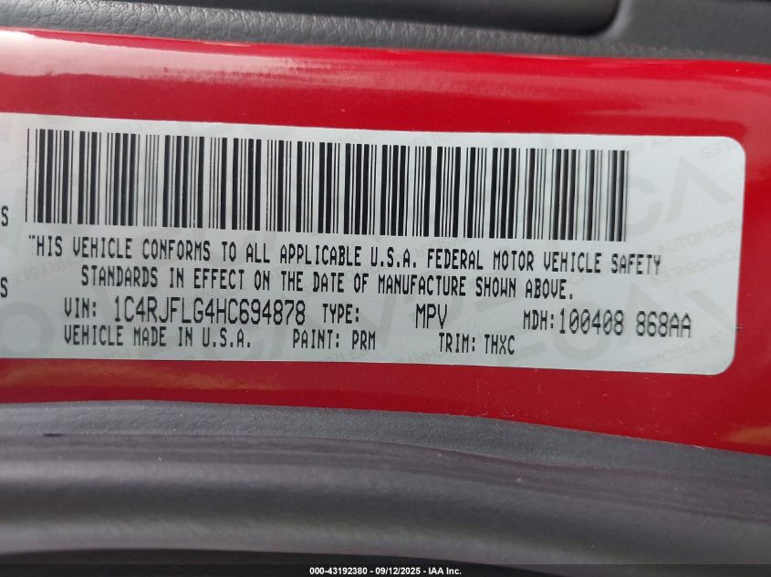 2017 Jeep Grand Cherokee Trailhawk 4X4 VIN: 1C4RJFLG4HC694878 Lot: 43192380