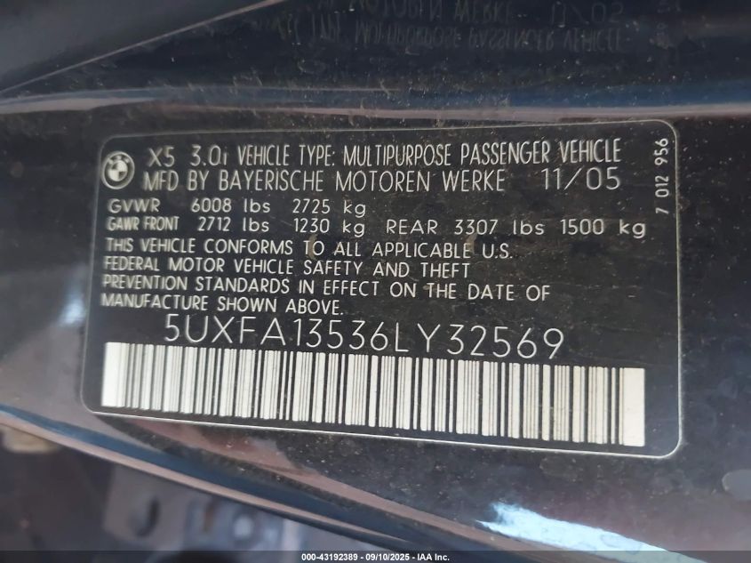 2006 BMW X5 3.0I VIN: 5UXFA13536LY32569 Lot: 43192389