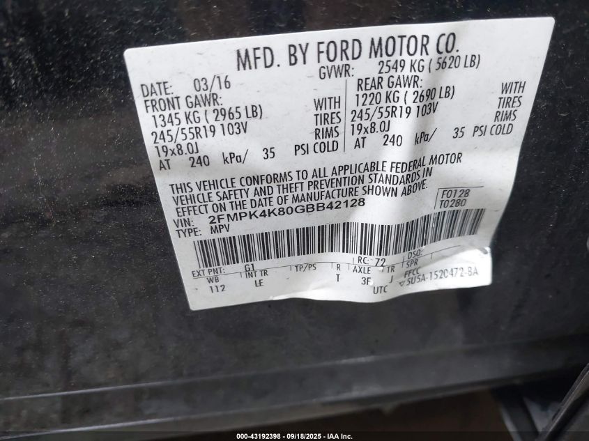 2016 Ford Edge Titanium VIN: 2FMPK4K80GBB42128 Lot: 43192398