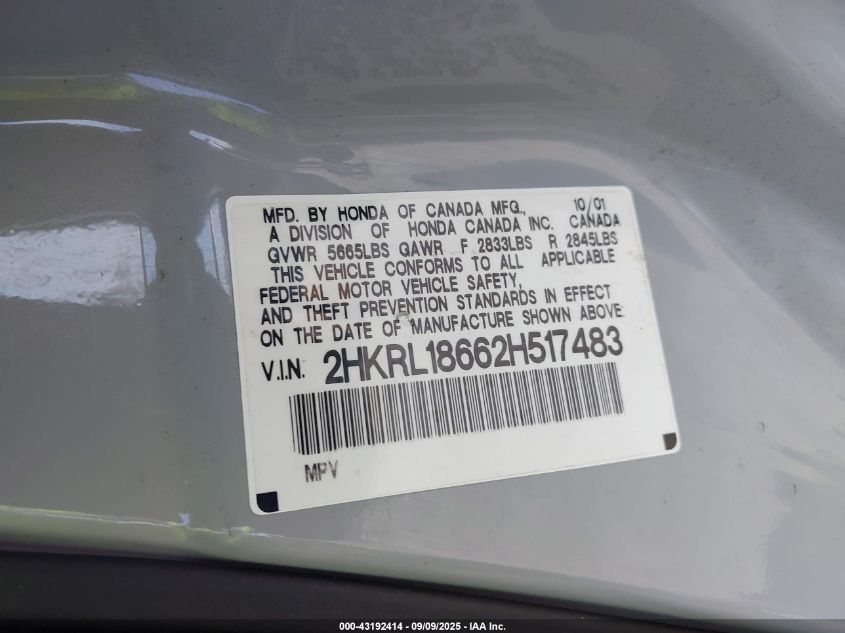 2002 Honda Odyssey Ex VIN: 2HKRL18662H517483 Lot: 43192414