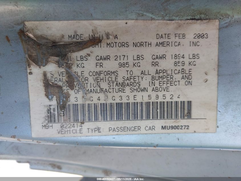 2003 Dodge Stratus Se VIN: 4B3AG42G33E159524 Lot: 43192427