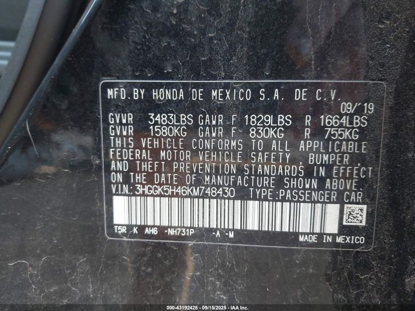 2019 Honda Fit Lx VIN: 3HGGK5H46KM748430 Lot: 43192428