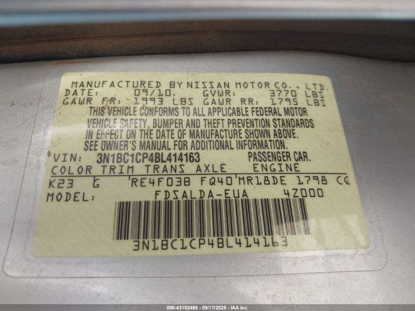 2011 Nissan Versa 1.8S VIN: 3N1BC1CP4BL414163 Lot: 43192468