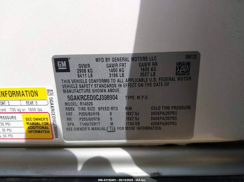 2012 Buick Enclave Leather VIN: 5GAKRCED9CJ398904 Lot: 43192491