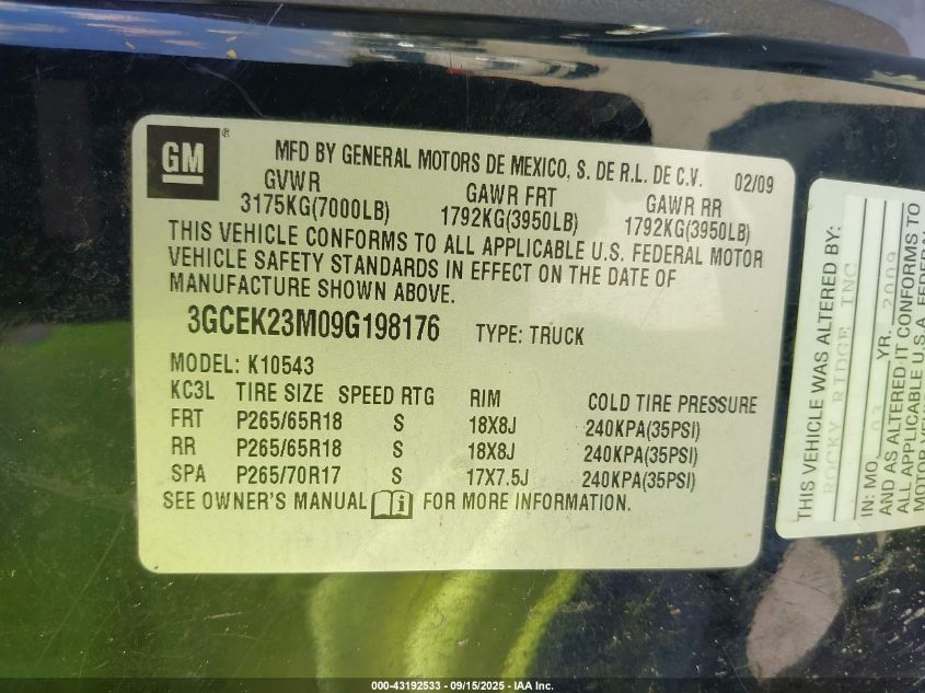 2009 Chevrolet Silverado K1500 Lt VIN: 3GCEK23M09G198176 Lot: 43192533