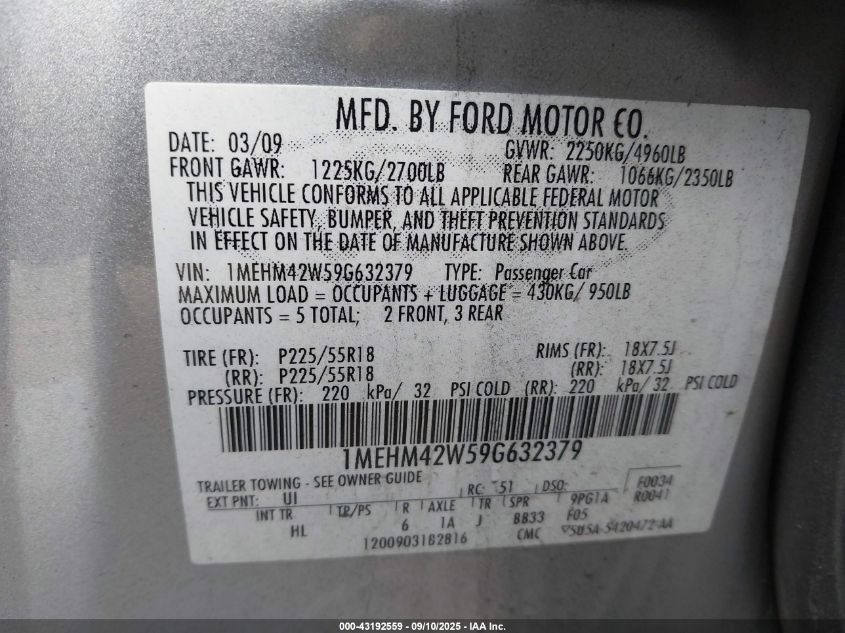 2009 Mercury Sable Premier VIN: 1MEHM42W59G632379 Lot: 43192559