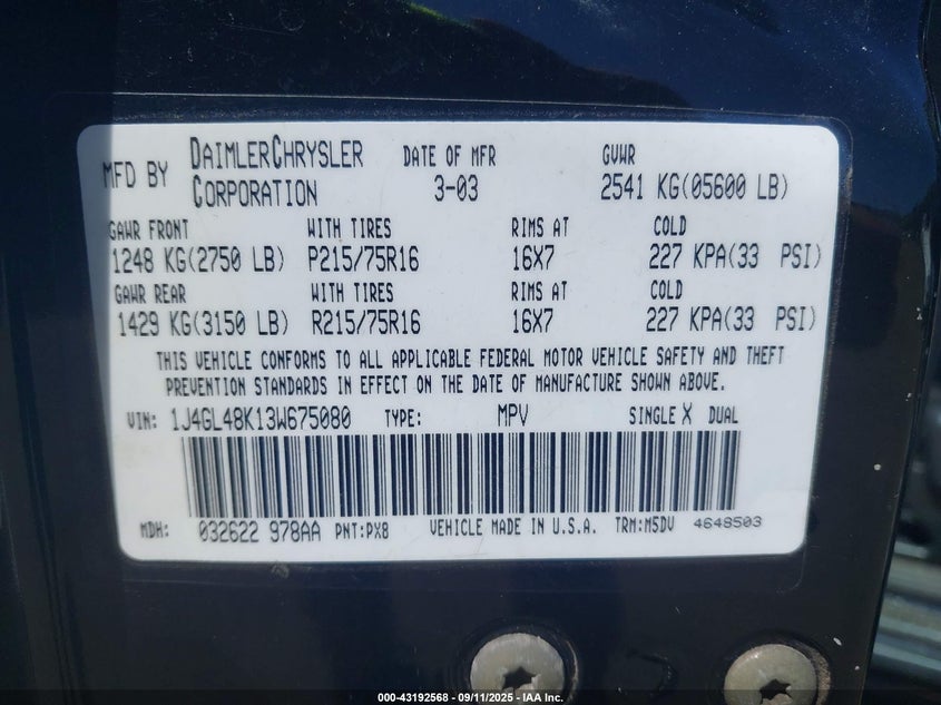 1J4GL48K13W675080 2003 JEEP LIBERTY (NORTH AMERICA) photo no. 9