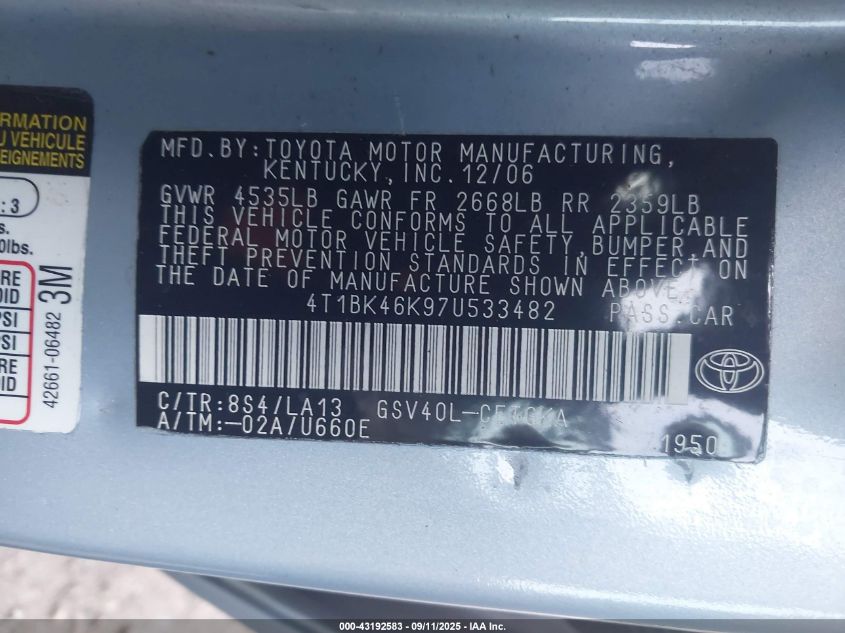 2007 Toyota Camry Xle V6 VIN: 4T1BK46K97U533482 Lot: 43192583