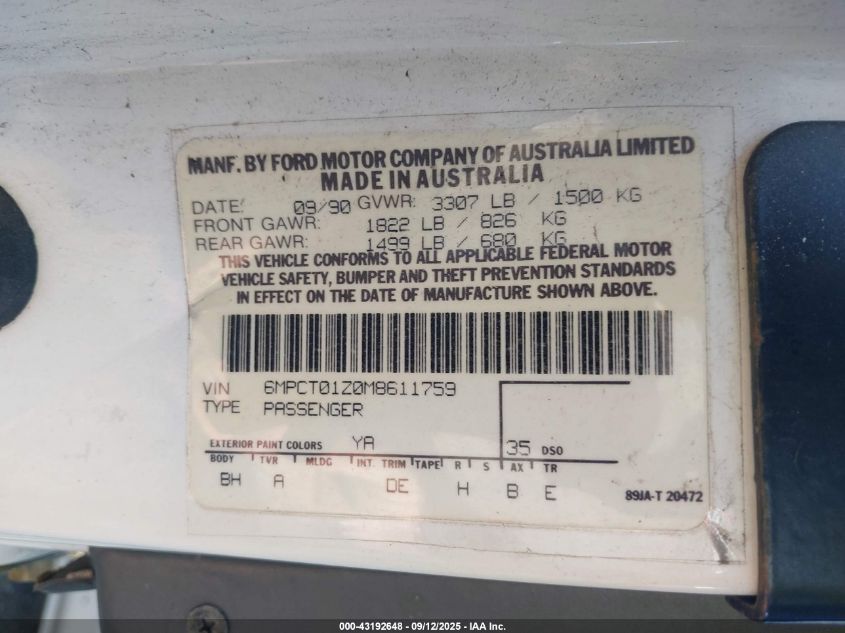 1991 Mercury Capri VIN: 6MPCT01Z0M8611759 Lot: 43192648
