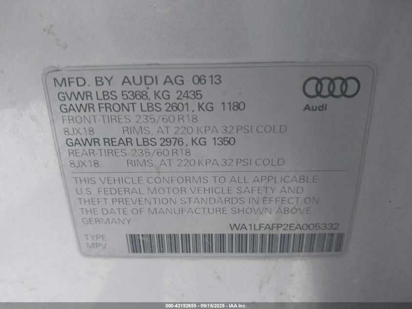 2014 Audi Q5 2.0T Premium VIN: WA1LFAFP2EA005332 Lot: 43192655