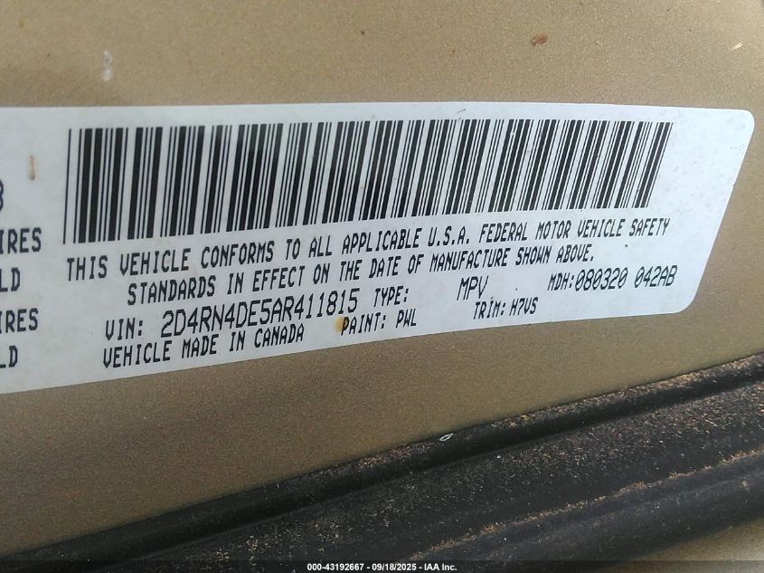 2010 Dodge Grand Caravan Se VIN: 2D4RN4DE5AR411815 Lot: 43192667