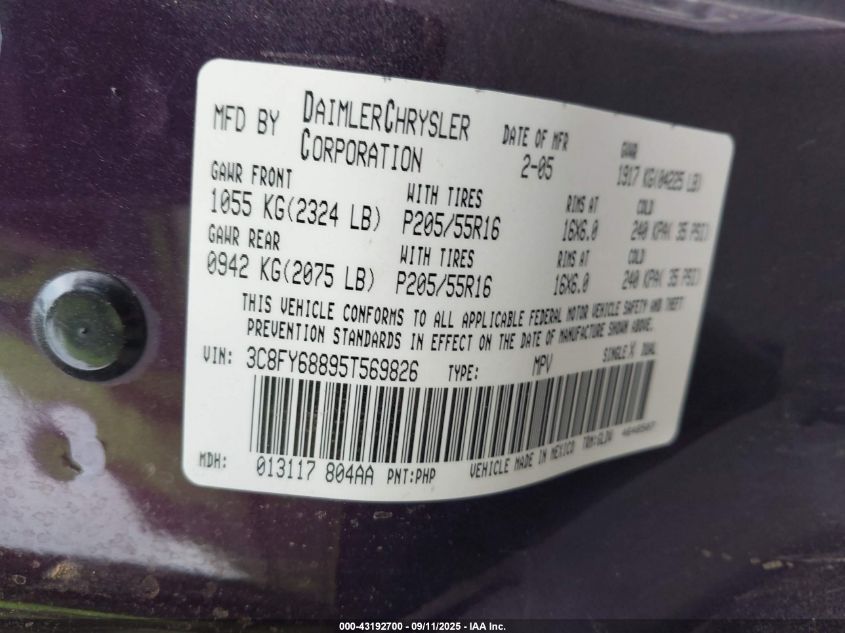 2005 Chrysler Pt Cruiser Limited VIN: 3C8FY68895T569826 Lot: 43192700