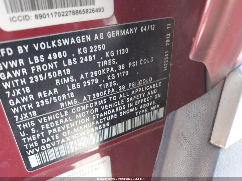 2012 Volkswagen Tiguan Se VIN: WVGBV7AX1CW089556 Lot: 43192722