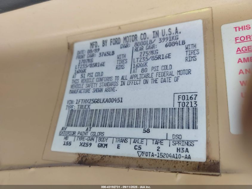 1990 Ford F250 VIN: 1FTHX25G8LKA00451 Lot: 43192731