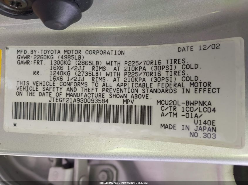 2003 Toyota Highlander Limited V6 VIN: JTEGF21A930093584 Lot: 43192742