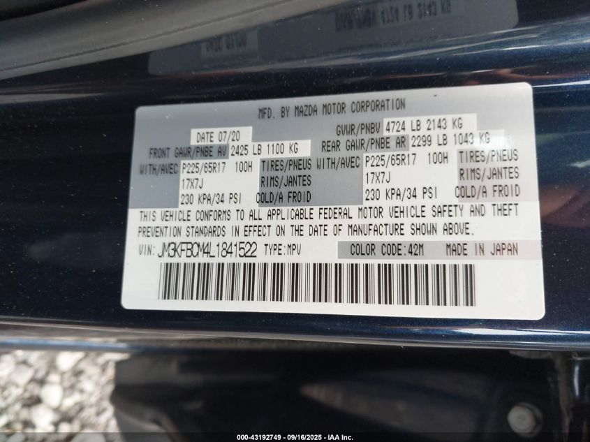 2020 Mazda Cx-5 Touring VIN: JM3KFBCM4L1841522 Lot: 43192749