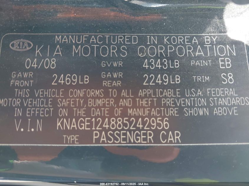 2008 Kia Optima Ex V6 VIN: KNAGE124885242956 Lot: 43192752