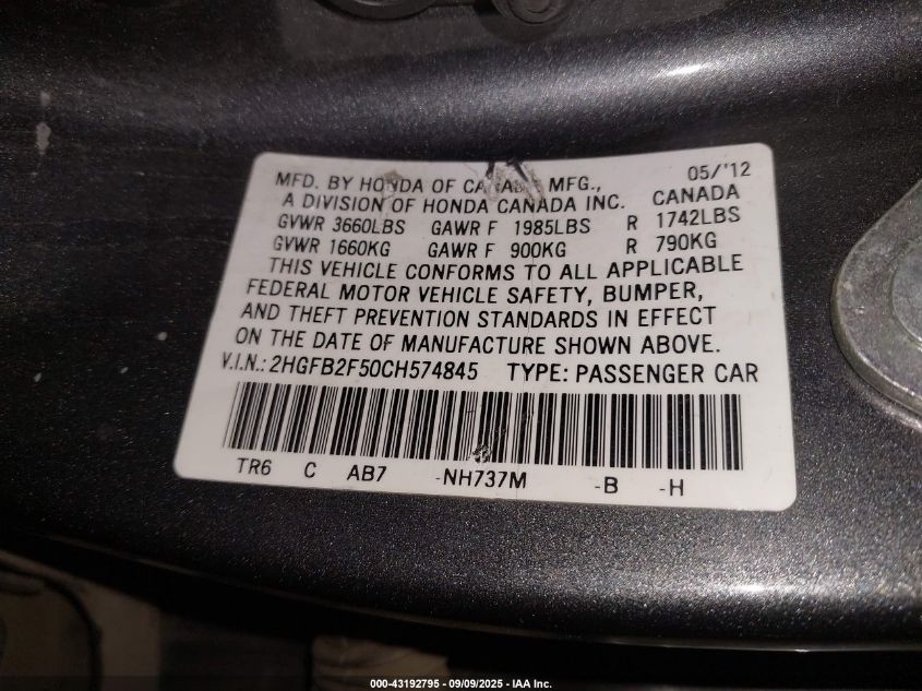 2012 Honda Civic Lx VIN: 2HGFB2F50CH574845 Lot: 43192795